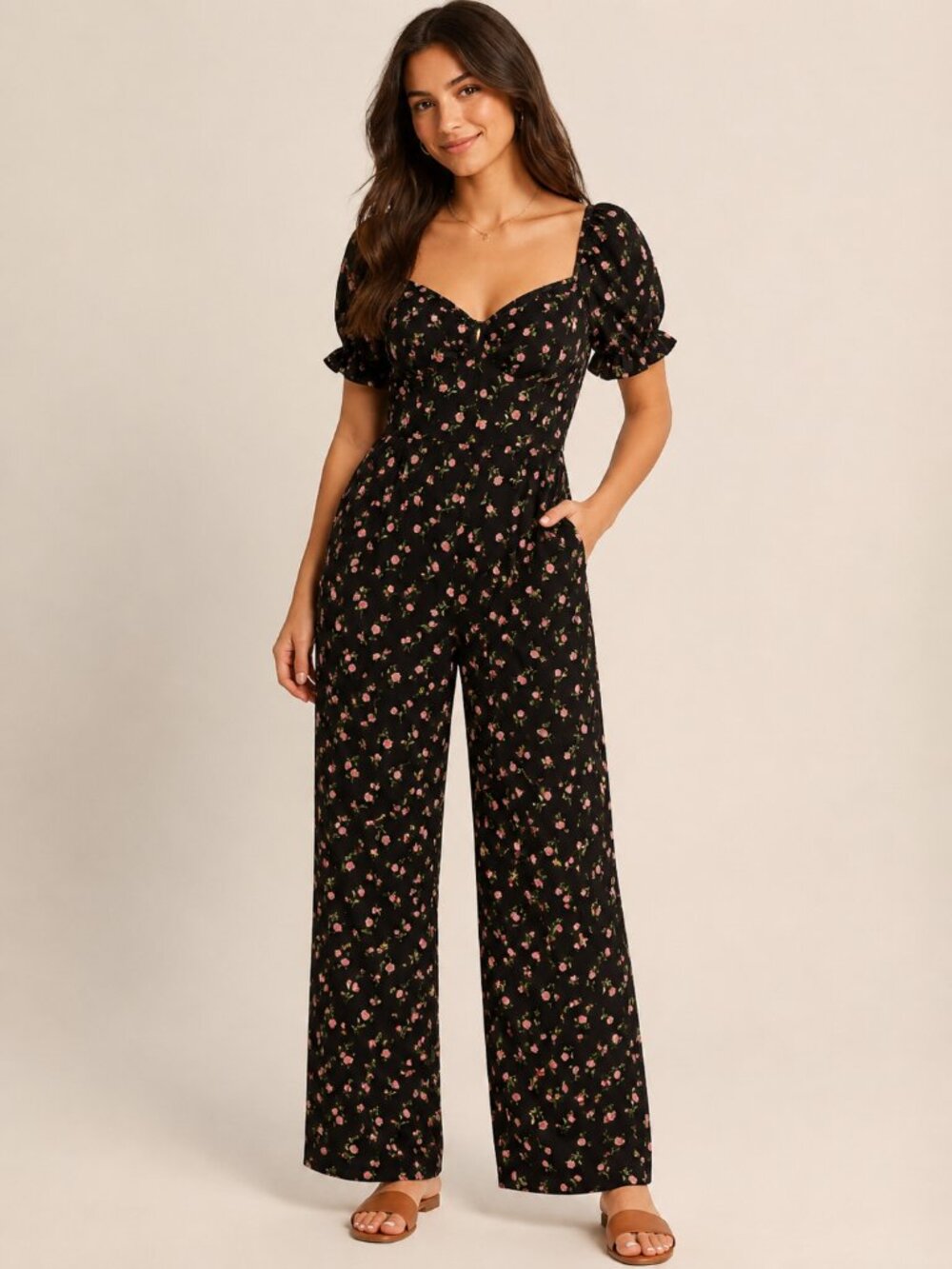Spired Hearts Black Floral Puff Sleeve Jumpsuit XL Cottagecore Coquette
